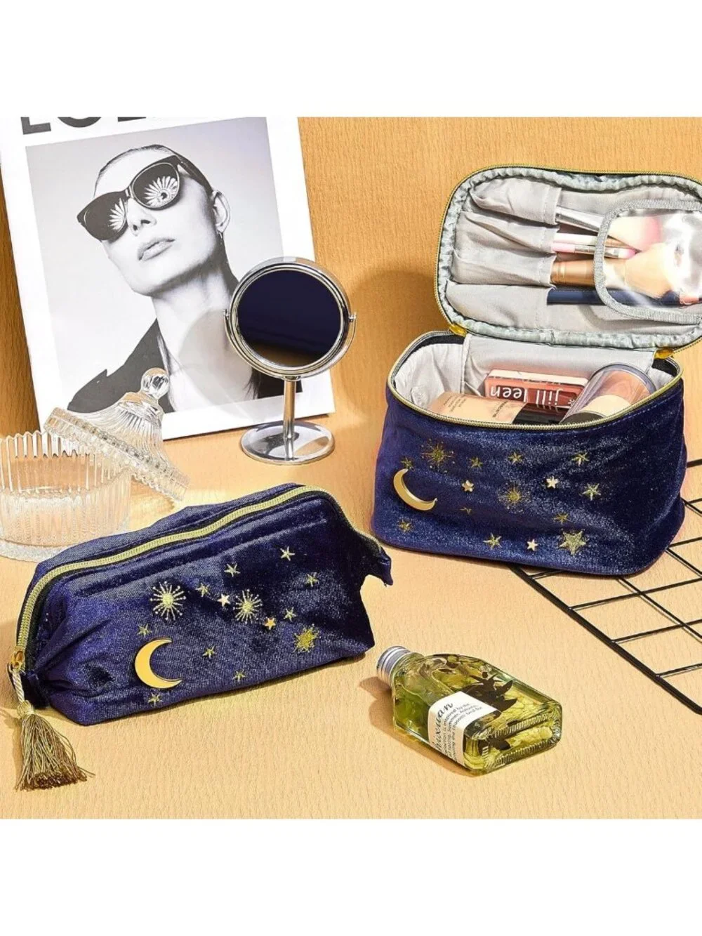 2 Pcs Velvet Cosmetic Bags - Moon & Stars Embroidered Travel Pouches for Women